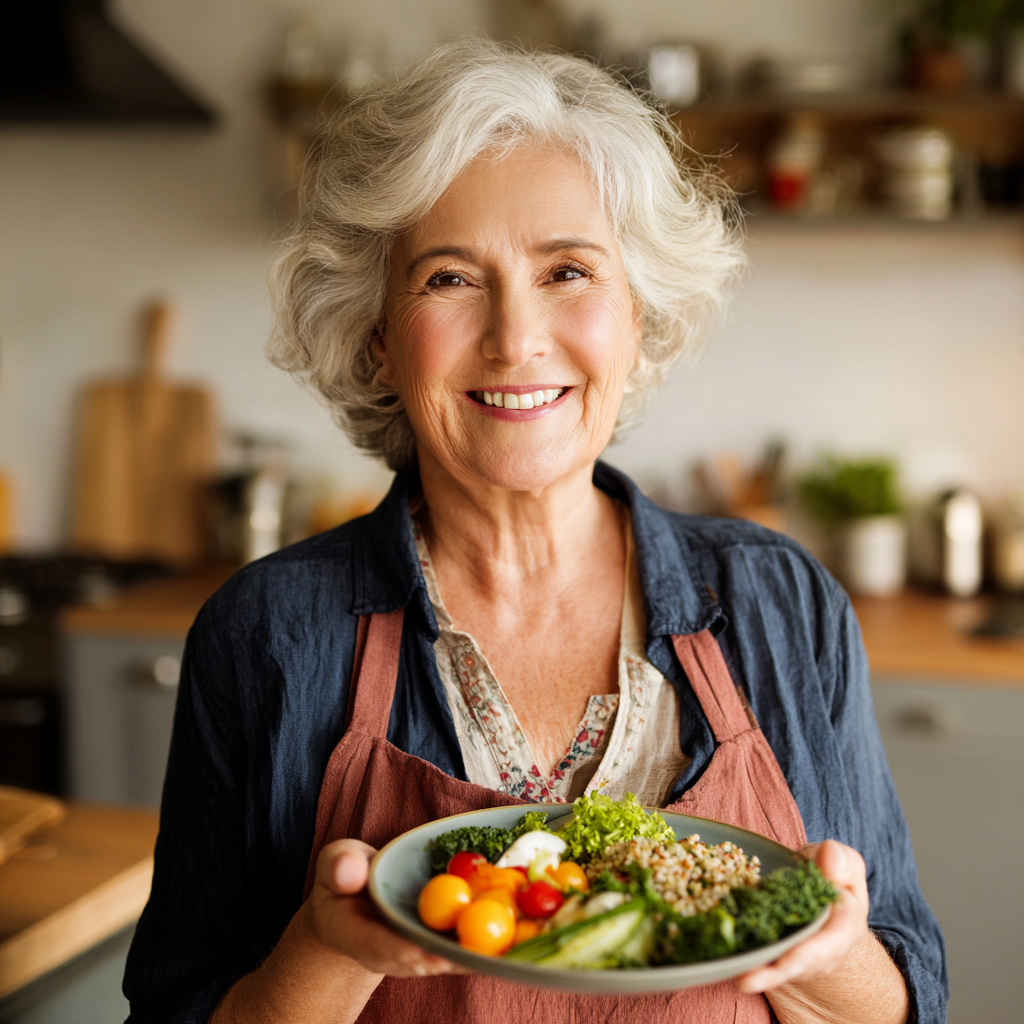 Happy elderly European couple preparing fresh plant-based meal together in a bright kitchen, smiling while cutting colorful vegetables