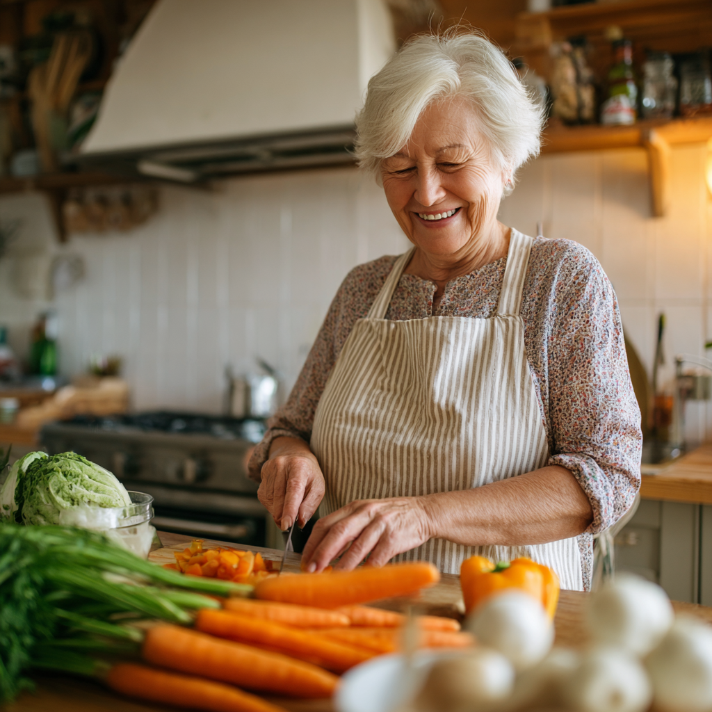 Active elderly European woman in her 60s doing yoga poses in a peaceful garden setting with fresh vegetables and herbs nearby, radiating health and vitality